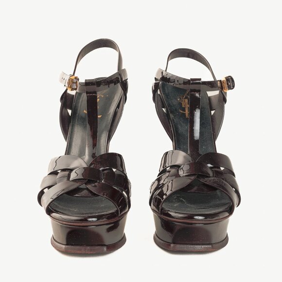 Saint Laurent Tribute Open Toe Bourgogne Patent Leather Platform Sandal - Picture 2 of 12